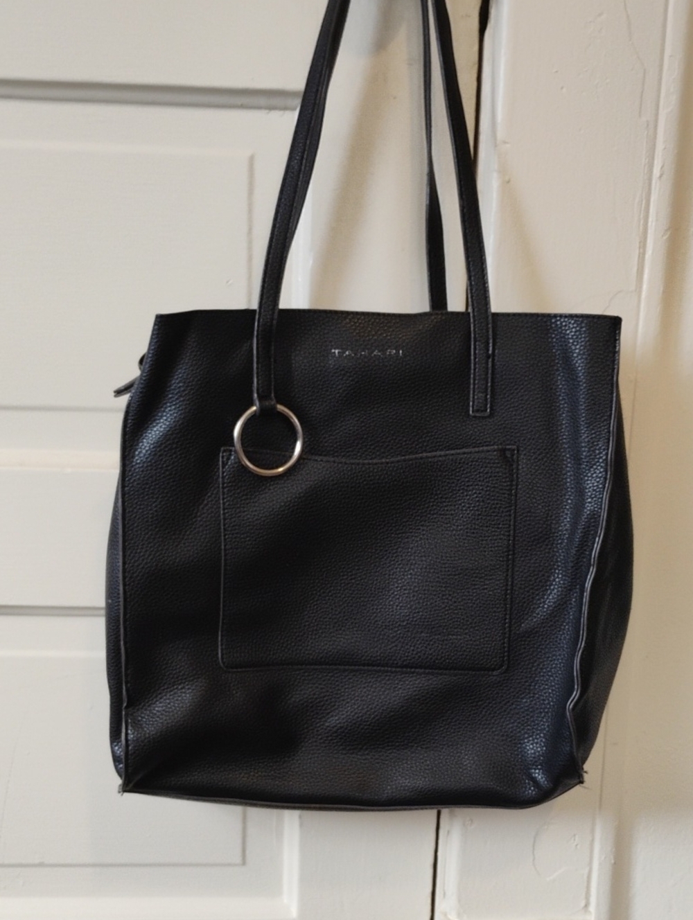 Tahari Black Tote Bag with Front Pocket and Ring Accent Interior Zip Pocket
